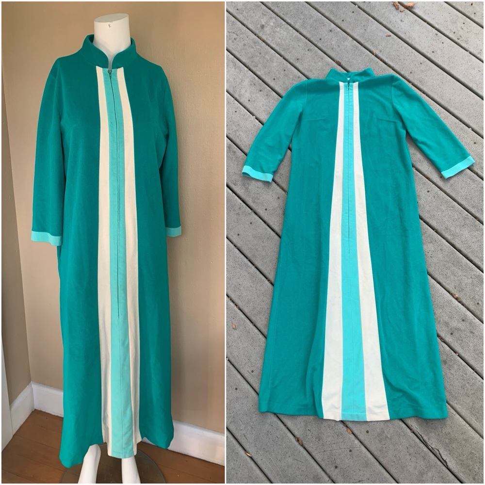 Vintage Teal Striped Maxi Dress | 70’s Mock Neck Long Sleeve House Robe